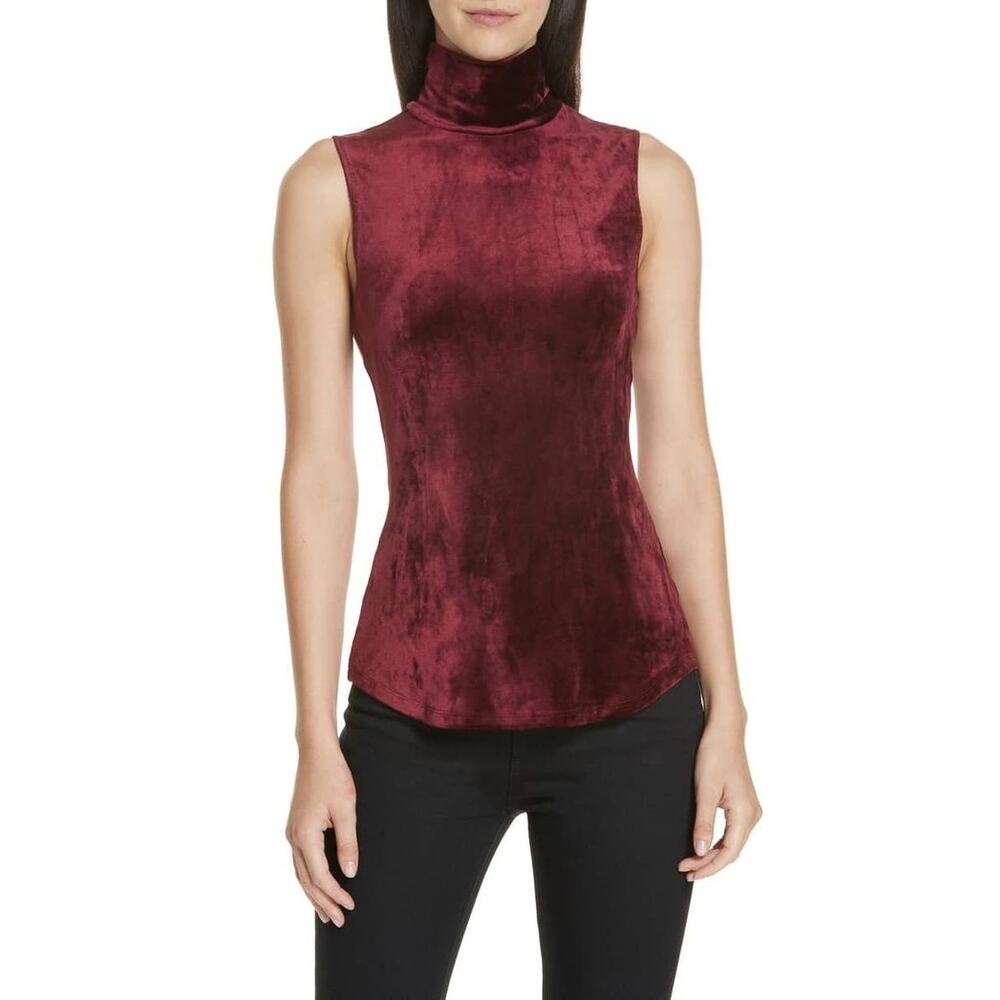 Theory Slim Turtleneck Tank M - Deep Red Crushed Velour Velvet Sleeveless Top